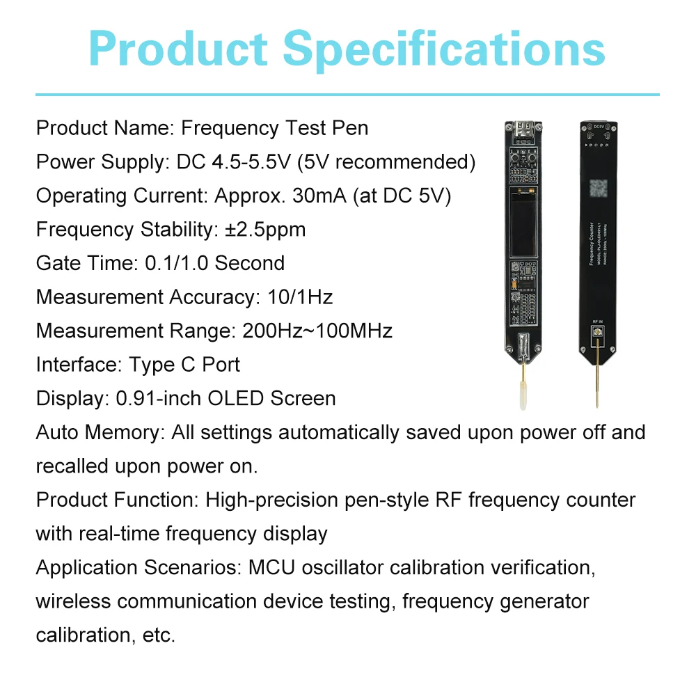 DC5V Frequency Counter 200Hz–100MHz High-Precision Frequency Meter Type-C Tester Pen For MCU/Wireless Device/RF Signal Generator