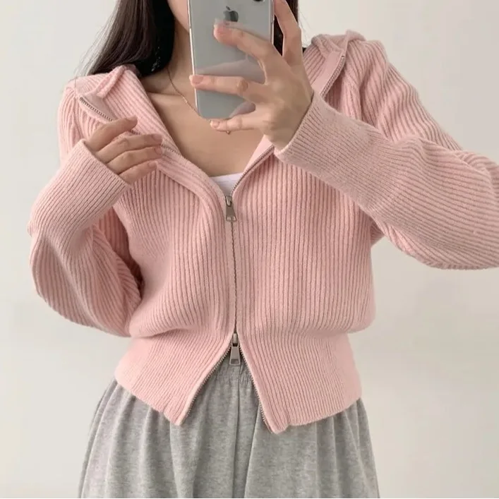Chic Lazy Sle Hooded Thiened Knitted Open Cardigan Zipper Design Collar Sweater for Women Autumn Winter New Arrival