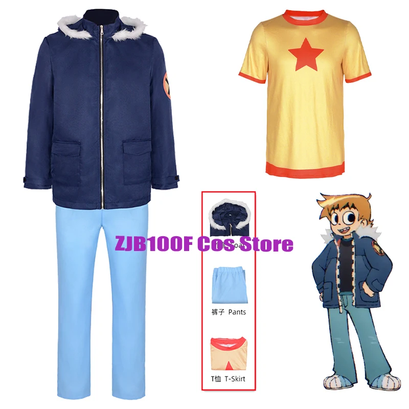 Child Scott Pilgrim Takes Off Cosplay Costume Anime Scott Uniform Top Coat Pants Set Halloween Party Role Play Outfit Adult Kid