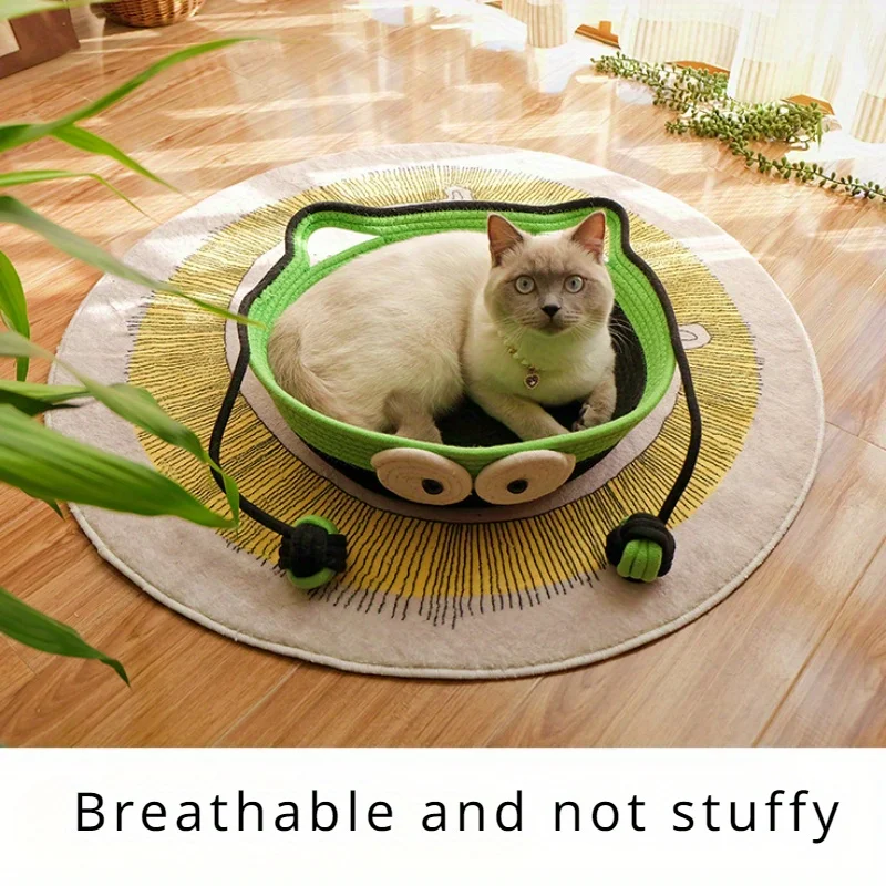 All-season Straw Woven Cat House, Cool Summer Outdoor House, with Green-eyed Lovely Design, Washable Pet House.