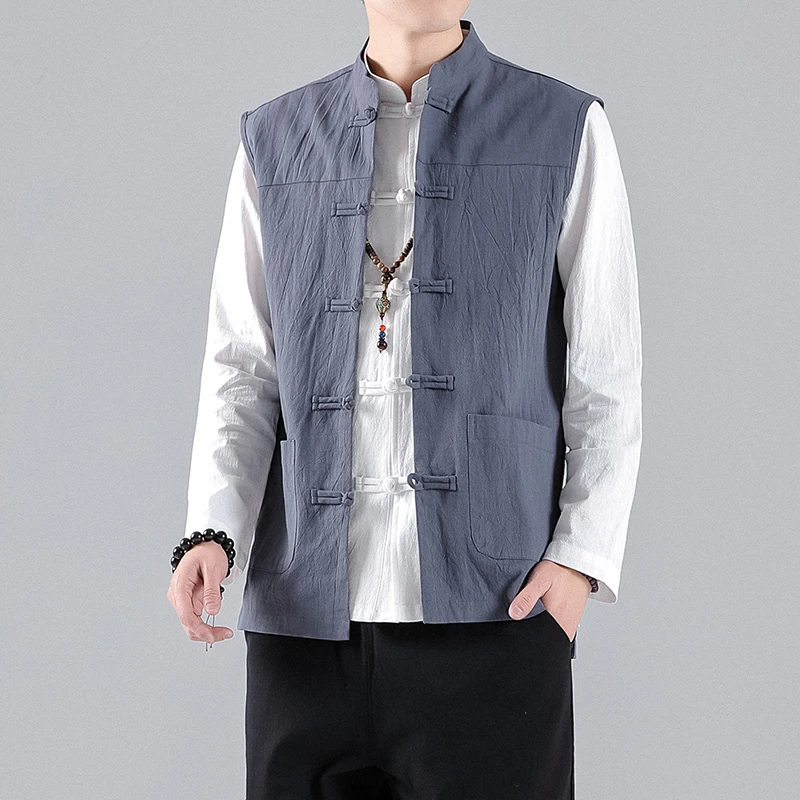 2023Summer Autumn Men Chinese Style Vests Vintage Linen Vests Mens Sleeveless Hanfu Cardigan Male Harajuku Open Stitch Waistcoat