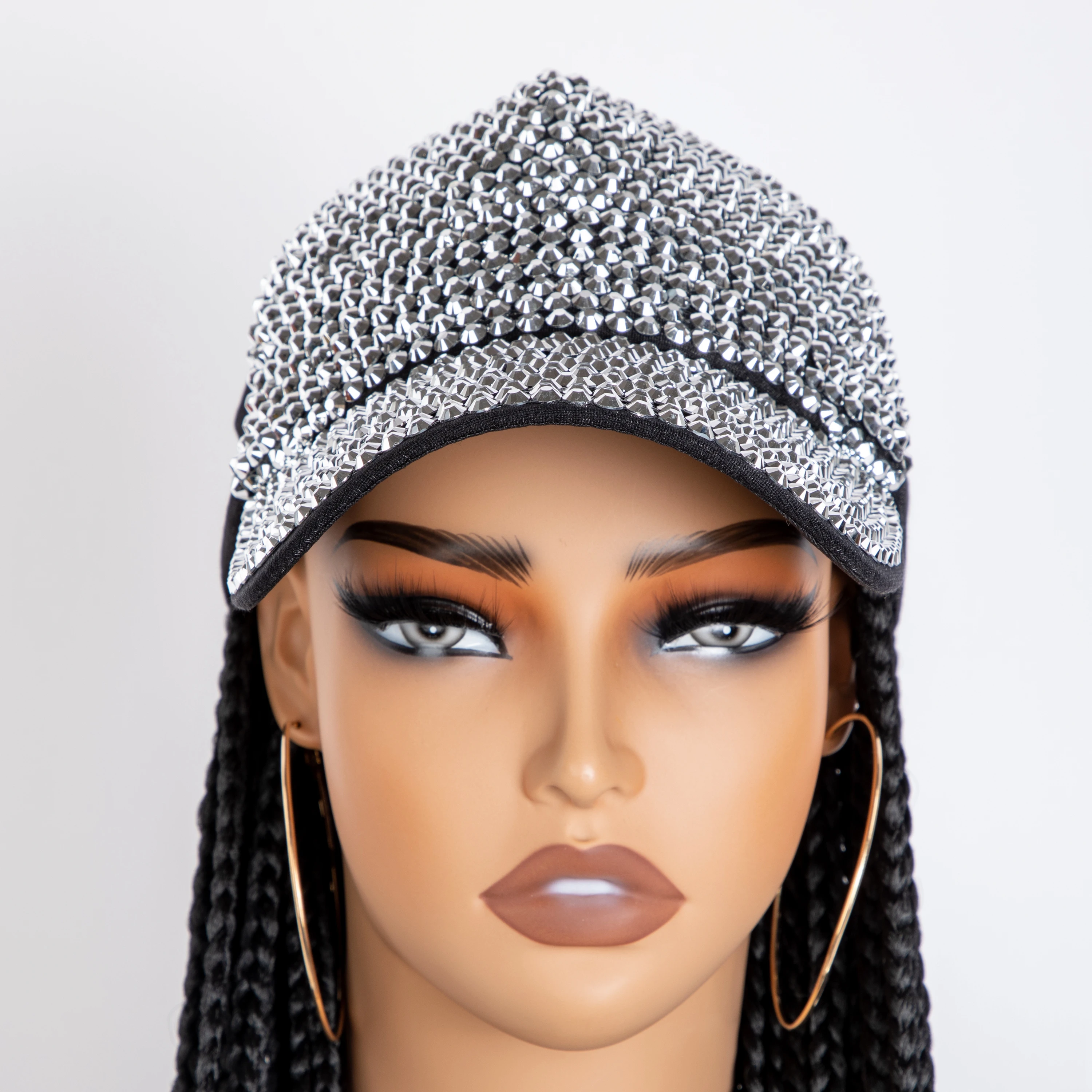 WIGERA Extra long 36Inch Black Box Braided Synthetic Wigs With Rhinestone Decor Adjustable Hat Cap Braiding Hair Extensions Wigs