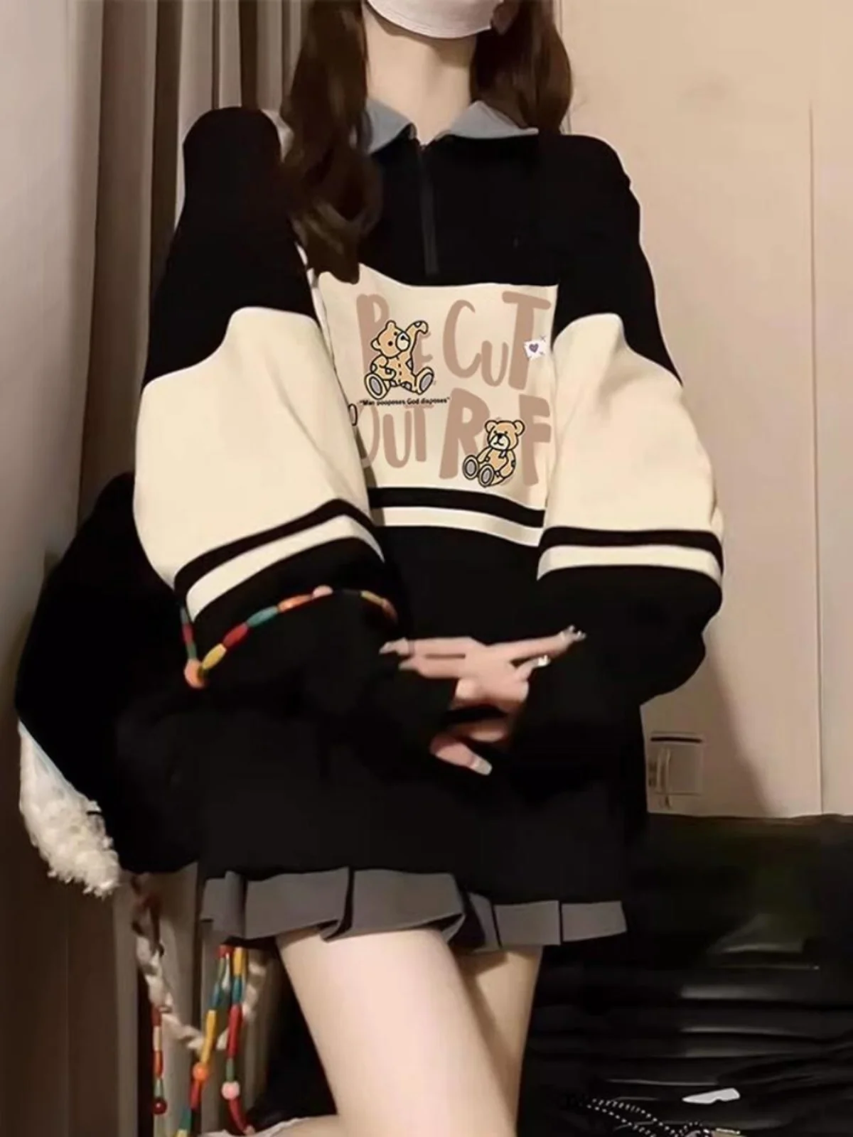 سترة نسائية بياقة بولو على الطراز الأمريكي القديم للخريف والشتاء، مصنوعة من الصوف بتصميم فضفاض وأنيق عالي الجودة