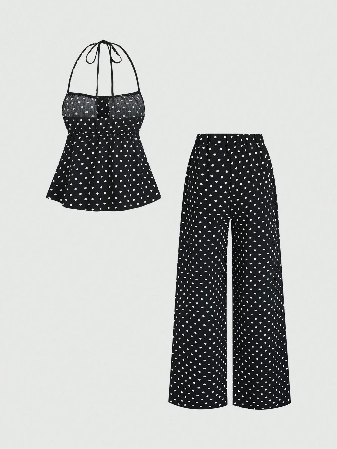 Polka Dot Halter Neck Peplum Top And Wide Leg Pants Set For Women Spring Summer Casual Outfit
