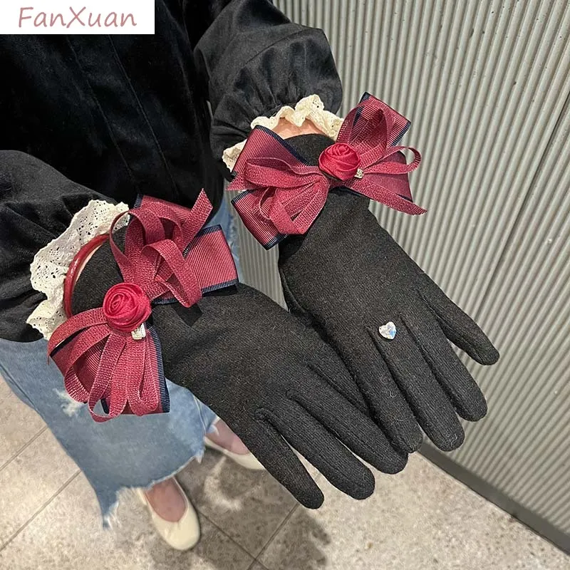 女性用手袋-冬-秋-大きなリボン付き-黒-グレー-手袋-タッチスクリーン対応-裏起毛