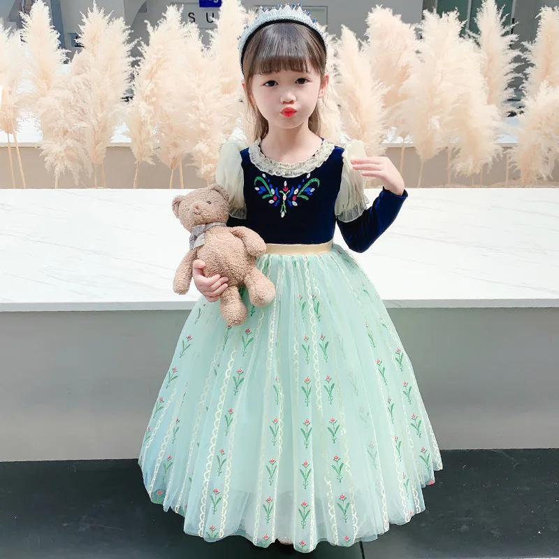 Disney Frozen Anna Dress Autumn Winter Long Sleeve Princess Dress Luxury Fluffy Sequin Elegant Gown Kids Birthday Party Costume