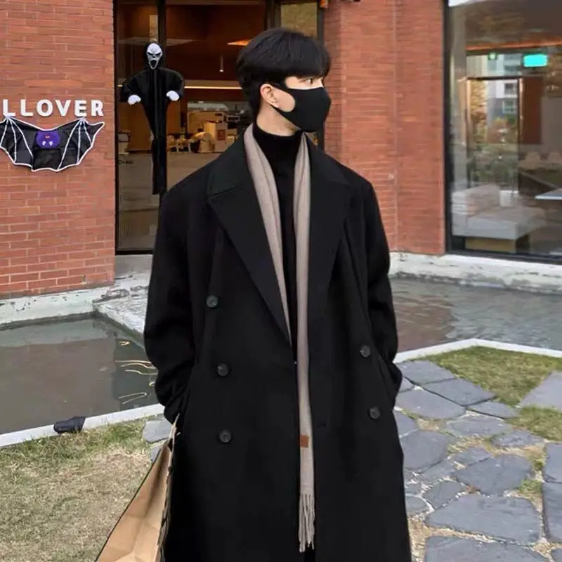 

Loose Casual Double Breasted Knee Length Woolen Coat Fashionable Urban Style Men's Windbreaker Thickened Winter Coat