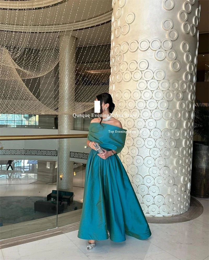 Qunque Off Shoulder Prom Dress فساتين حفلة موسيقية Pleated Formal Evening Party Gowns Short Sleeves Customized Vestidos De Festa