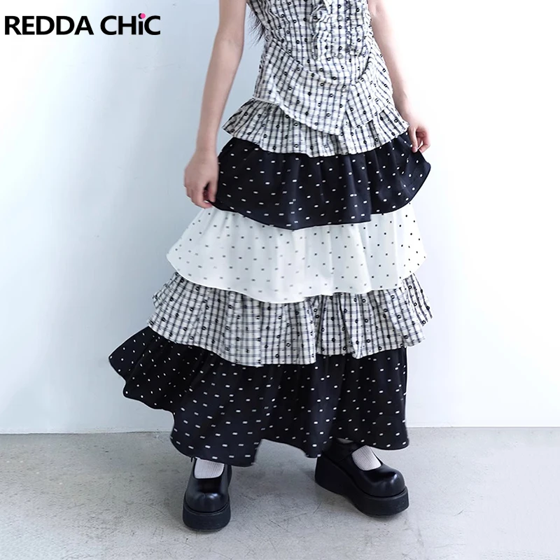 

REDDACHiC Black & White Polka Dot Cake Skirt Women Lolita Elastic Waist Plaid Ruffle Tiered Maxi Long Skirt Vintage Y2k Clothes