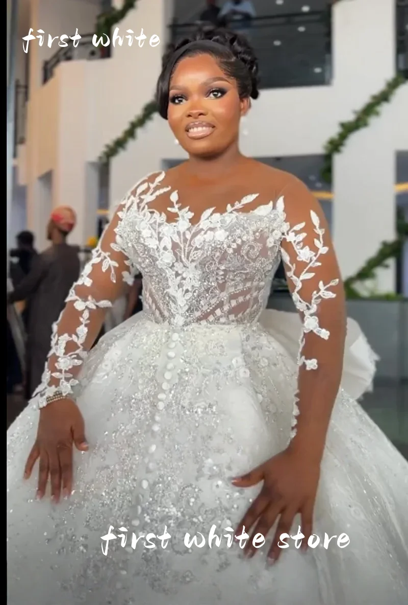 Vestido de baile africano vestidos de casamento para noivas sheer neck rendas vestidos de noiva manga longa miçangas vestido de noiva 2025 personalizado