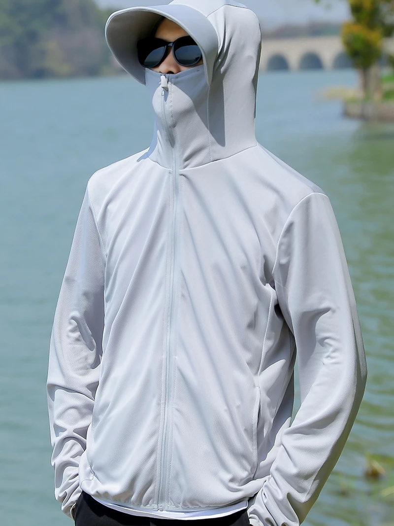 

Летняя мужская ультратонкая куртка из ледяного шелка с защитой от солнца, с капюшоном и защитой для лица, свободного кроя, из полиэстера