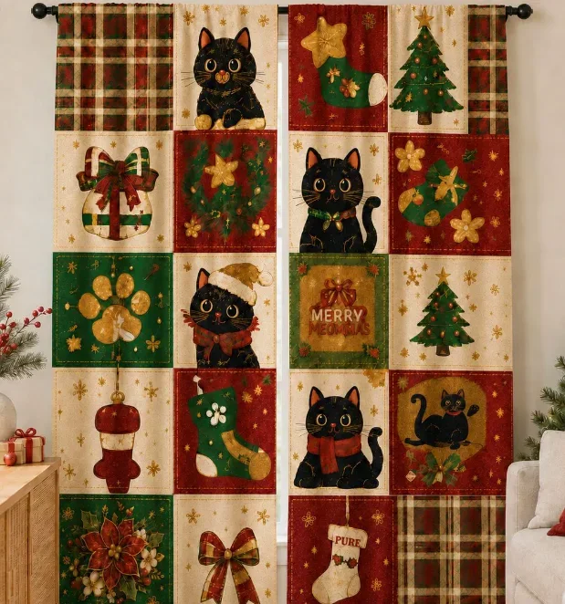 2pcs Christmas Black Cat Patchwork Curtain Plaid Xmas Tree Stocking Print Window Drapes, Cute Meowy Christmas Kitten Curtains