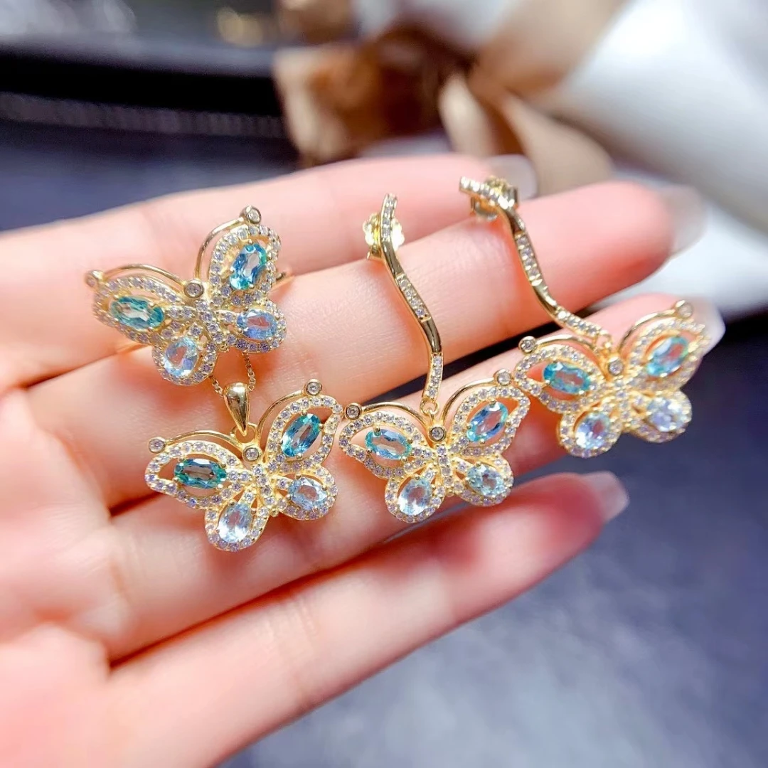 MeiBaPJ Natural Blue Topaz Apatite Fashion Jewelry Set 925 Silver Ring Earrings Pendant Necklace Fine Wedding Jewelry for Women