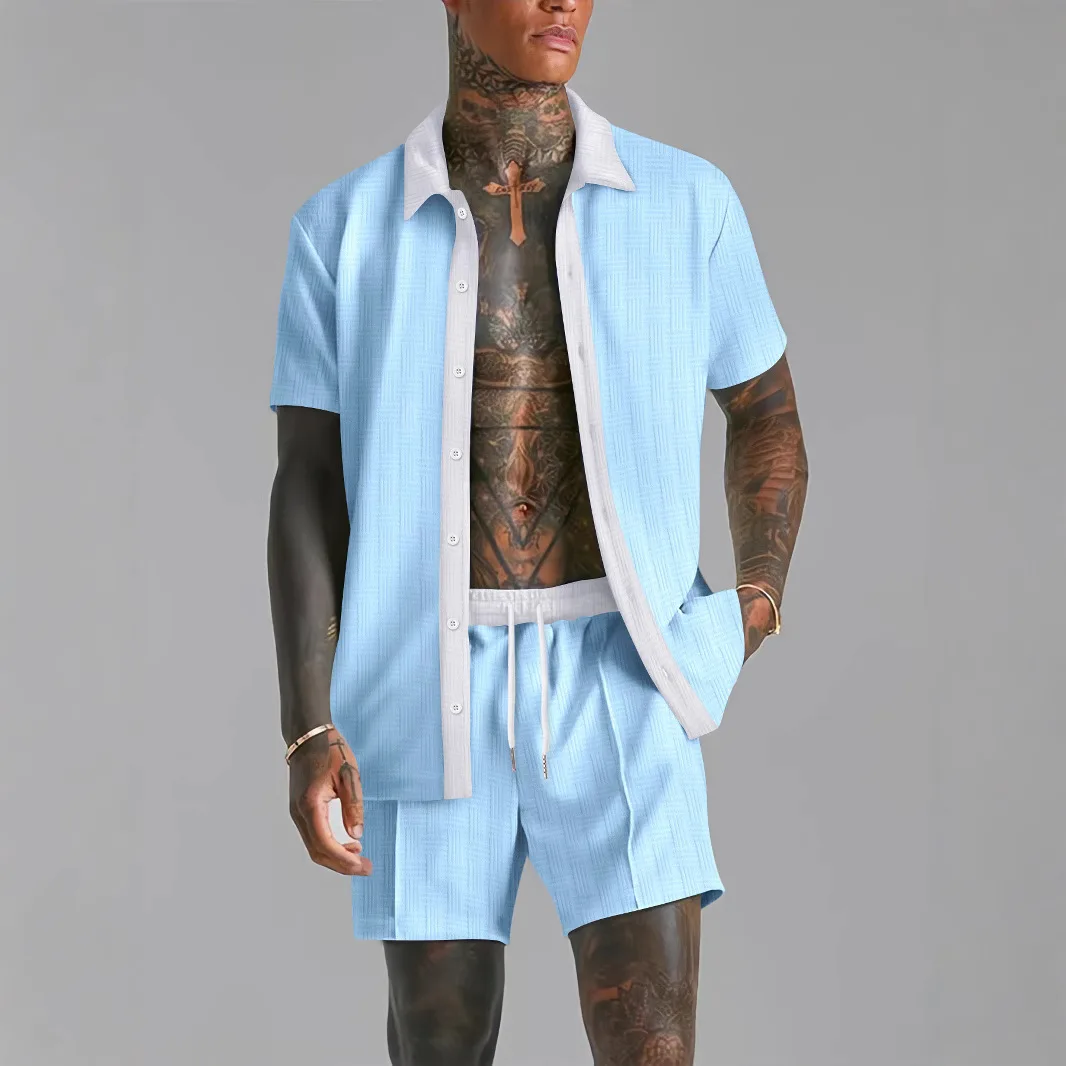 New summer men's sports suit casual color matching short-sleeved button-down shirt loose and comfortable + shorts two-piece set