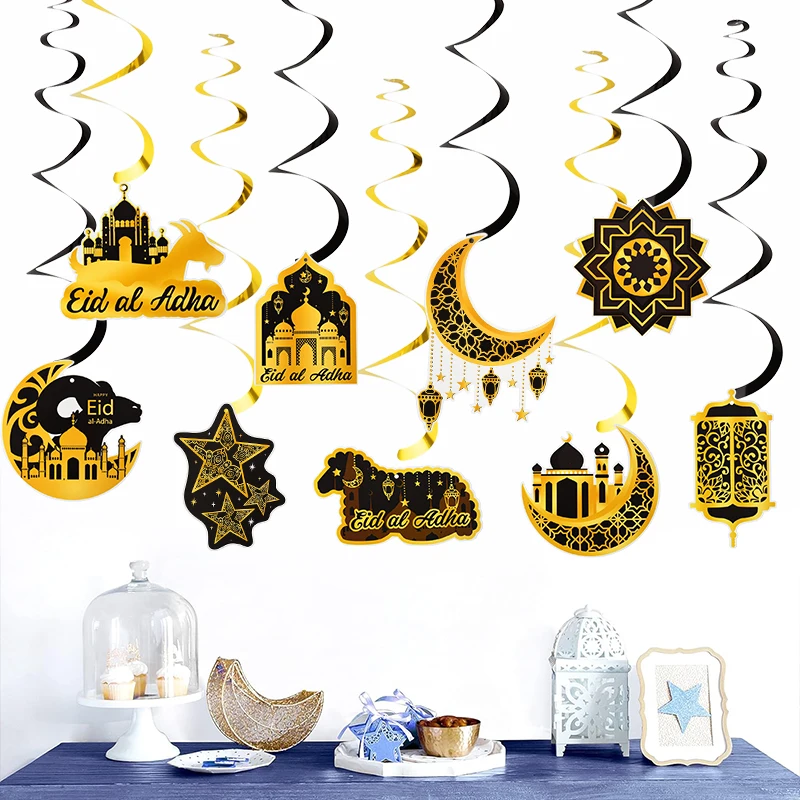 

1set Eid Mubarak Spiral Pendant Castle Moon Star Banner Ramadan Kareem Hanging Decoration Muslim Islamic Holiday Party Supplies