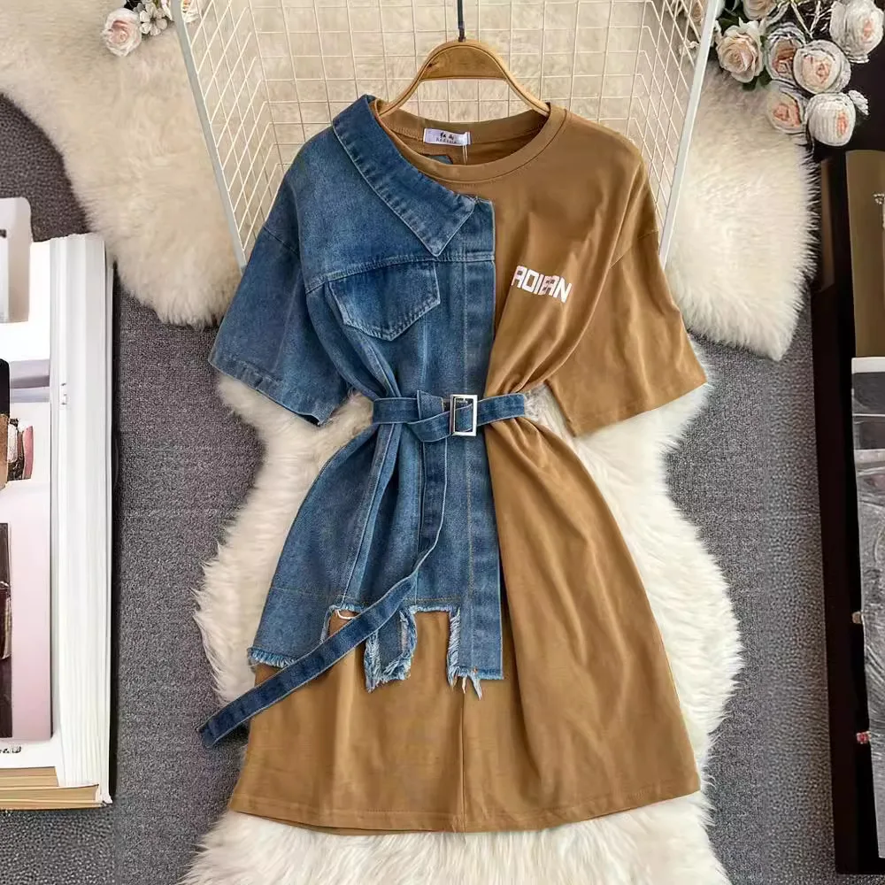 2025 New Harajuku Vintage Summer Denim Patchwork Short Sleeve T-Shirt O-neck Loose Contrast Color Jeans Tees Belted Jumpers Tops