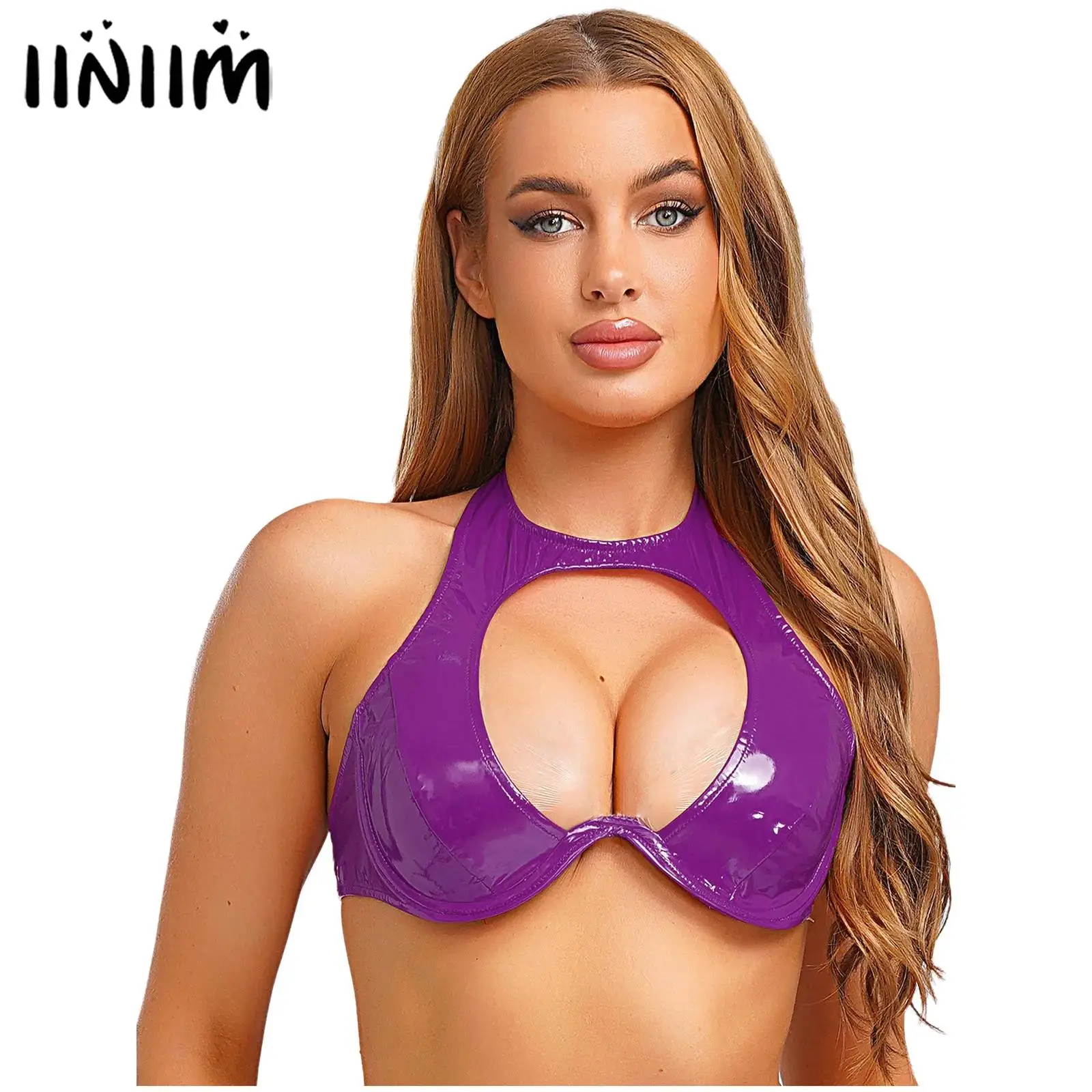 

Sexy Womens Disco Push Up Bra Tops Patent Leather Lingerie Lingerie Underwire Bra Cut Out Backless Bustier Clubwear Nightwear