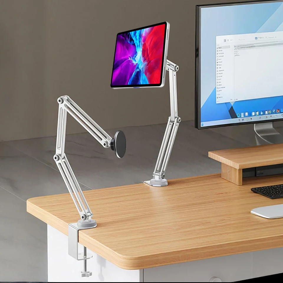 OUTMIX for iPad Galaxy Xiaomi Tablet Kindle Tablet Desktop Adjustable Rotating Display Stand Magnetic Bed Phone Stand Clip Mount