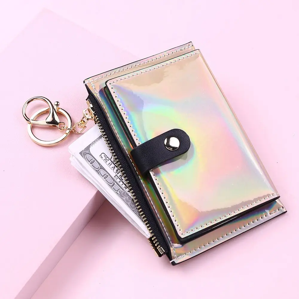 Fashion Women Double Sided Zipper Credit ID Card Bank Card Coin Purse Laser Card Holder Keychain Mini Wallet