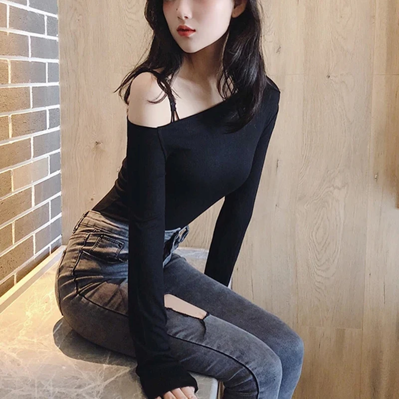 Sexy Weg Von Der Schulter T-Shirt Für Frauen Langarm T Shirts Koreanischen Stil Tops T Shirt Femme