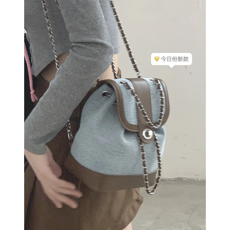 Y2K Style Flap PU Leather Patchwork Denim Backpacks Fashion Chain Drawstring Double Shoulder Bucket Bags Casual Brown Handbags