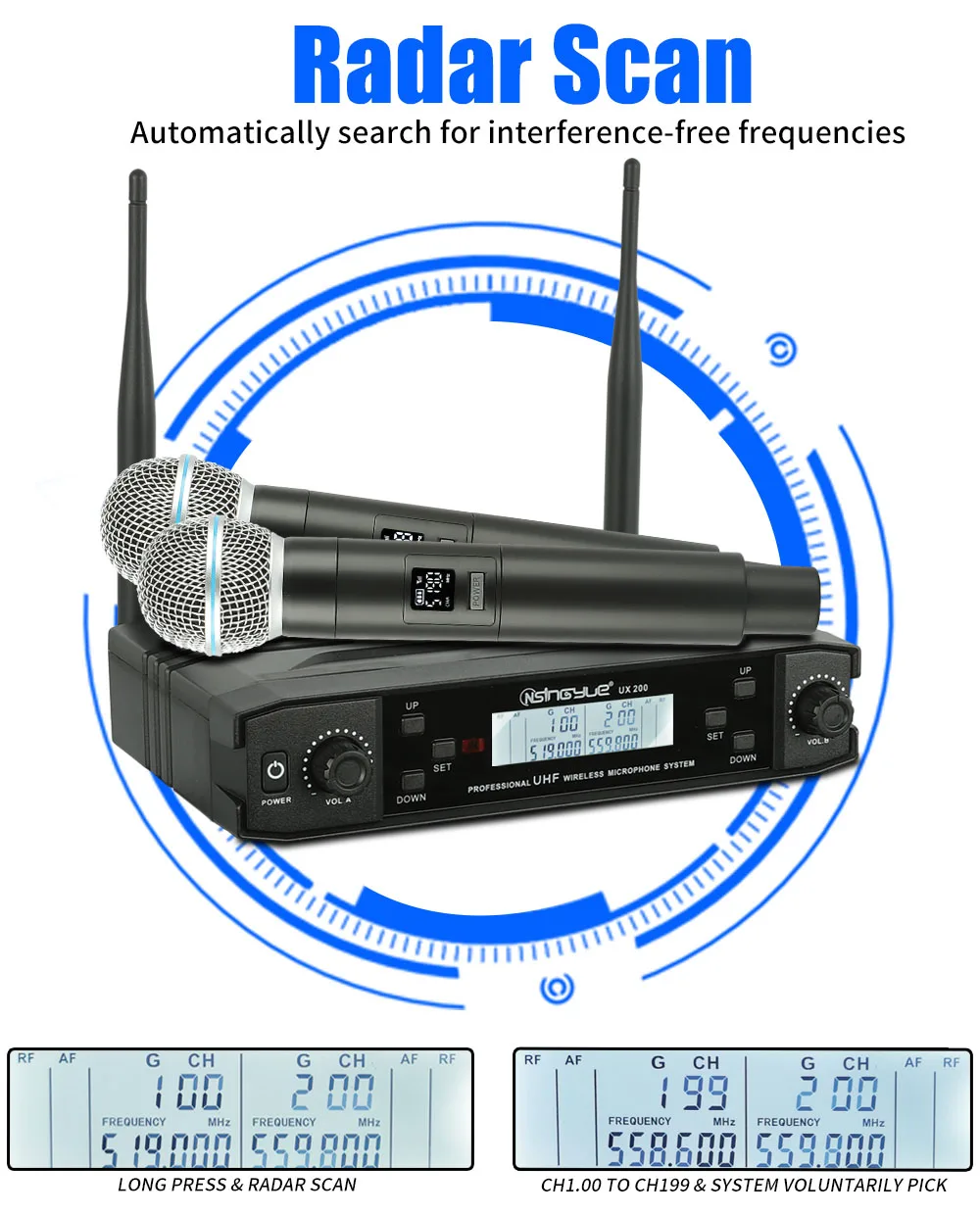 ميكروفون لاسلكي UHF المهنية ميكروفون ديناميكي ثنائي القناة لخطاب الزفاف الكنيسة تظهر حفلة المنزل Karaok ، UX-200