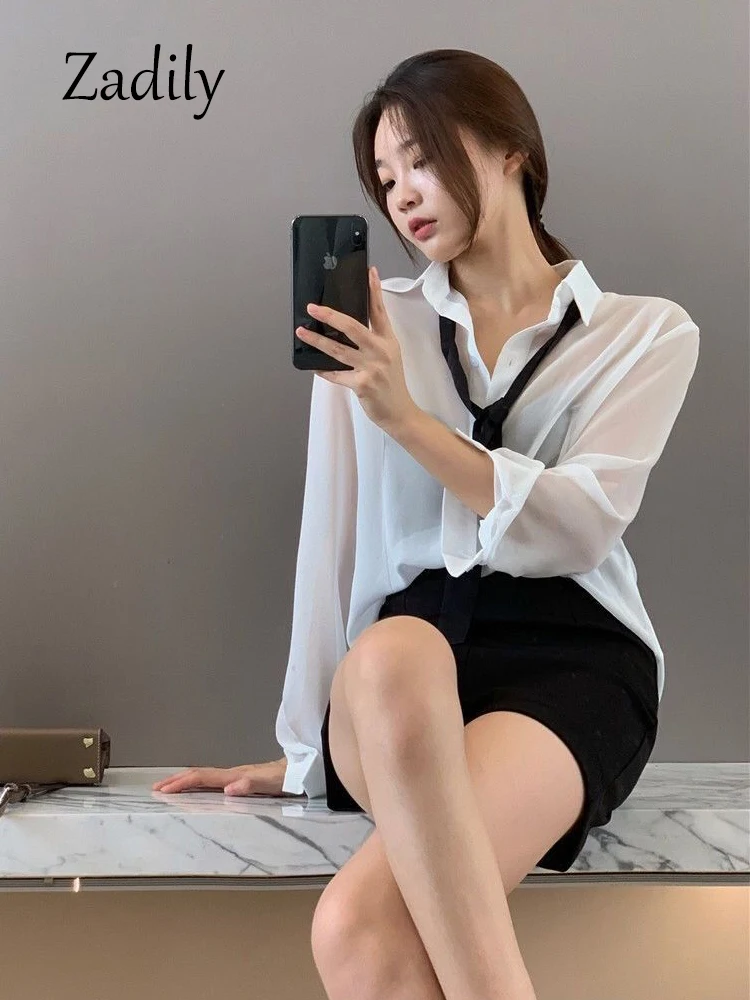 Zadily 2023 Summer Korea Style Button Up Women White Chiffon Shirt Office Lady Long Sleeve Transparent Blouse Female Work Tops