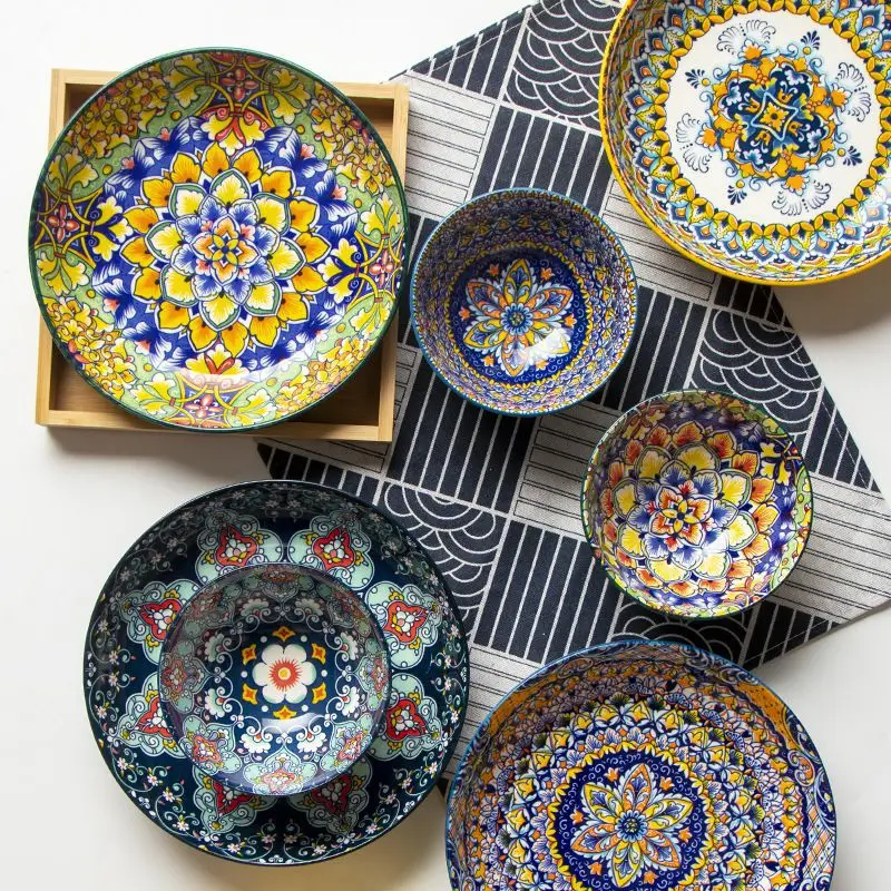 Retro Kitchen Dishes Ceramic Tableware Household Food Plate Bohemian Deep Soup Plate Stone Patterned Heavy Industry Dinner Plate