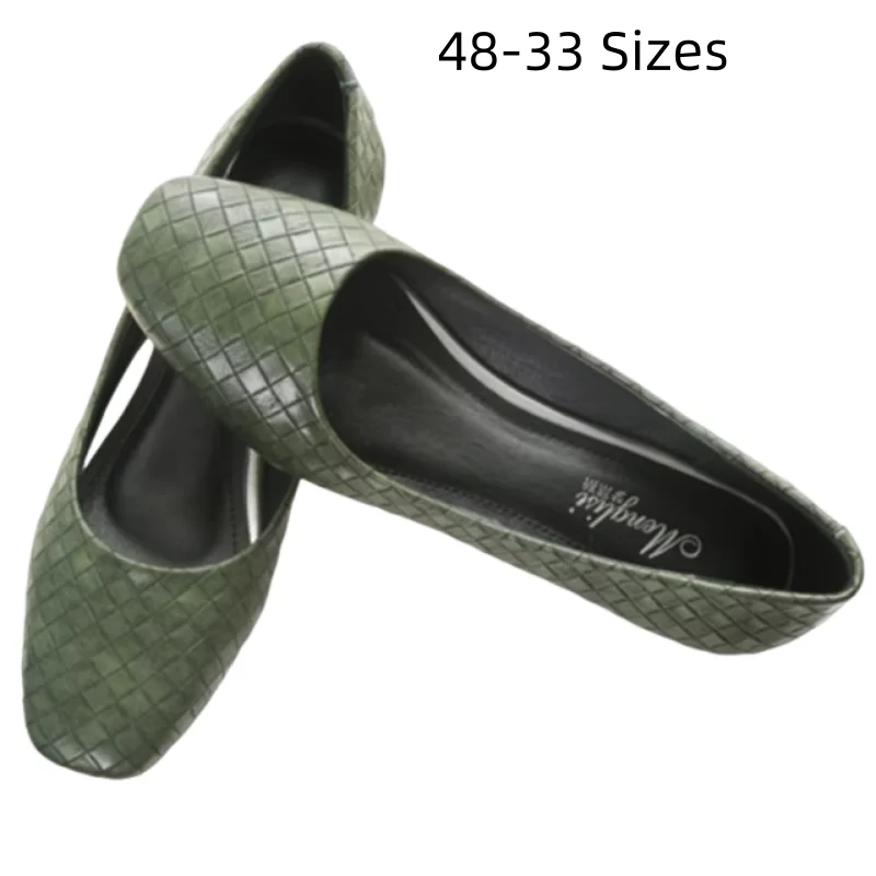 Lady Ballet Flats Soft Sole Square Toe Shoes Women Low Top Slip-on Breathable Loafers Casual Plus Size 43-34 Green Weaving Tacon