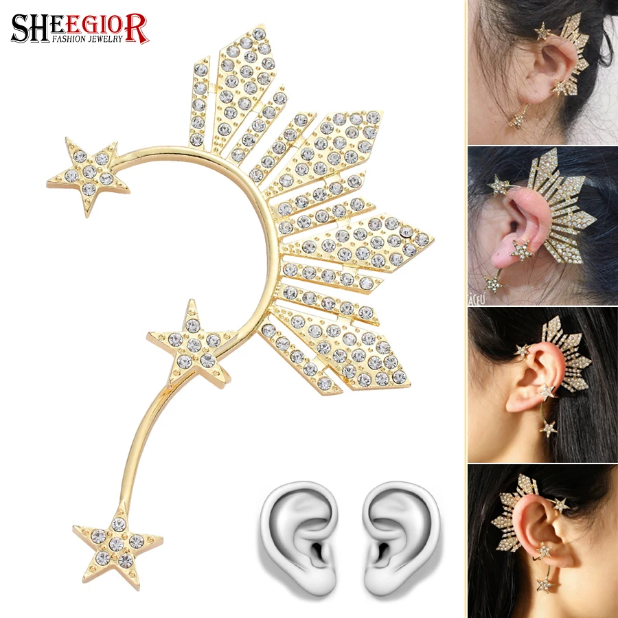 Crystal Space Star Ear Clip on Earrings for Women Accessories Lovely Rhinestone Star Big Ear Cuff Earring Fashion Ornaments Gift