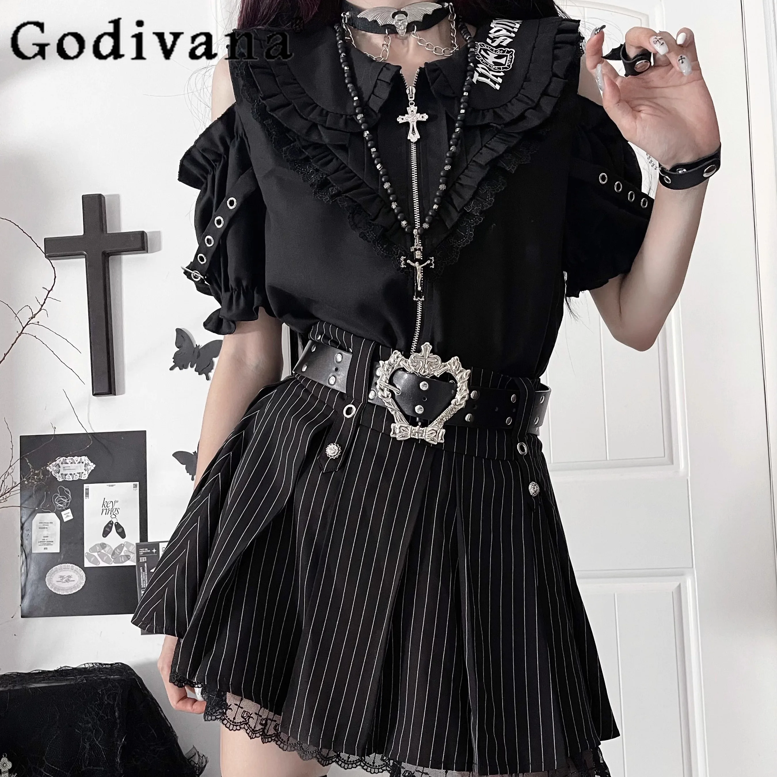 

Original Subculture Gothic Off-Shoulder Short Sleeve Shirt Summer Girl's Sweet Cool Print Zip Top Short Skirt with Chain Belt