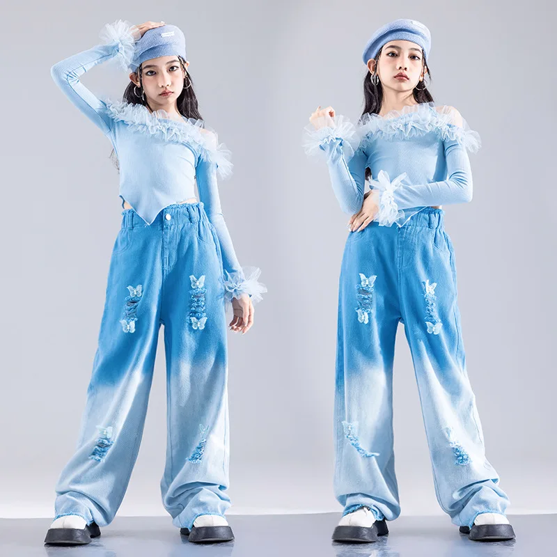 

Kid Hip Hop Clothing Blue Halter Ruffled Top Casual Butterfly Distressed Jeans Pants Shorts for Girl Jazz Dance Costumes Clothes