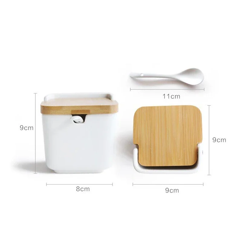 Bamboo Ceramic Flip Seasoning Jar with Spoon Spice Salt Pepper Cinnamon Powder Box Bottle Pot Kitchen Flavour Container Tools
