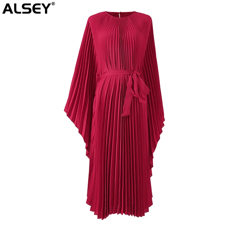 

ALSEY Miyake O-neck Batwing Sleeves Solid Dresses Women Spring Irregular Pleated Korean Style Belt Dress Casual Female Clothing