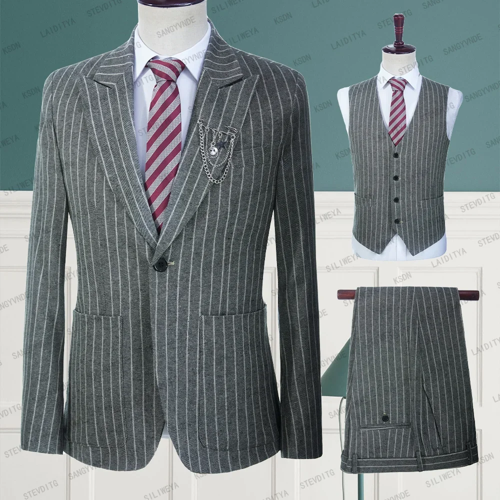 

New Suits For Men 3 Pcs Casual Slim Fit Summer Grey Linen White Stripe Blazer Vest Pants Set Formal Wedding Groom Clothing