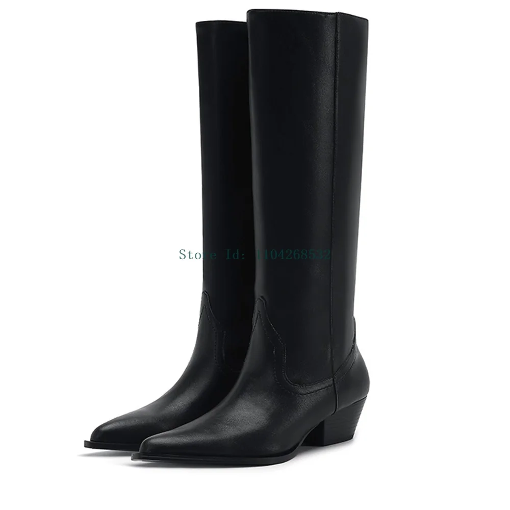 

Genuine Leather Patchwork Knee High Boots Pointed Toe Square Heel Slip On Leather Lining Flock Lining Fashion Lady Womern Boots