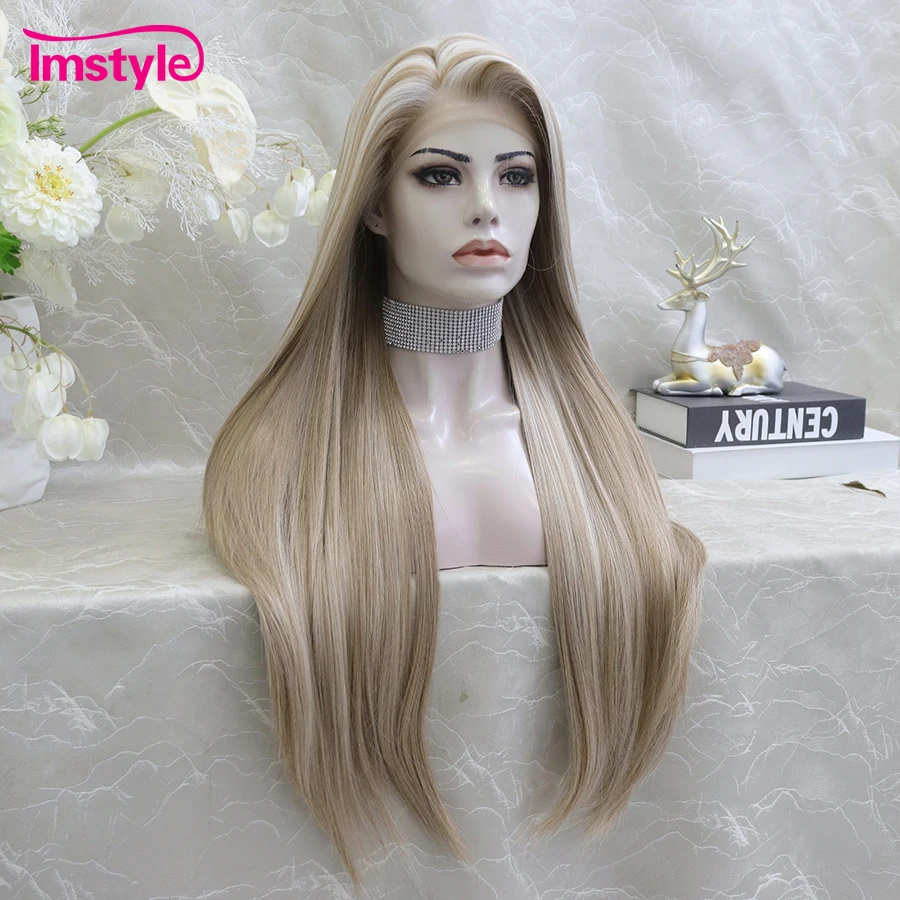 Imstyle-peluca sintética con malla frontal para mujer, cabellera larga lisa con reflejos de platino, resistente al calor, para uso diario