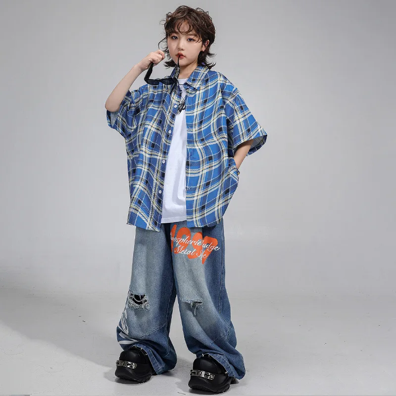 Meninos trajes de dança hip hop azul xadrez camisa calças jeans moderno jazz kpop palco desempenho conjuntos roupas adolescente street wear