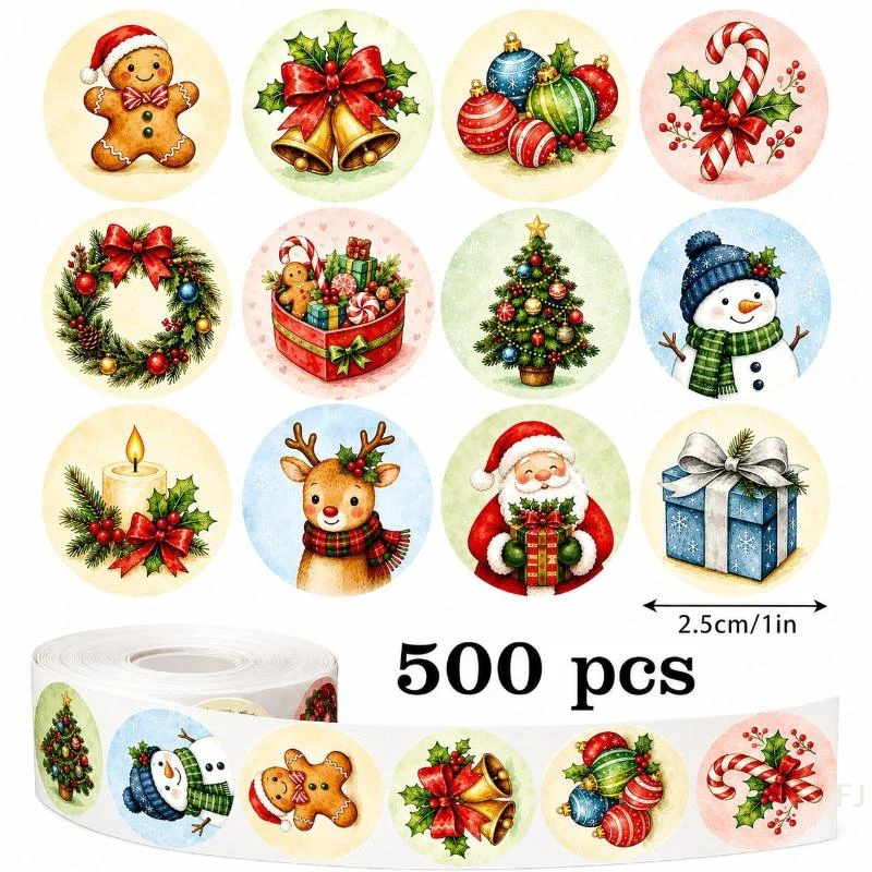 [YU]500Pcs Christmas Self Adhesive Stickers Round Sealing Labels Minimalist Xmas Pattern for Envelope Gift Wrap Decoration