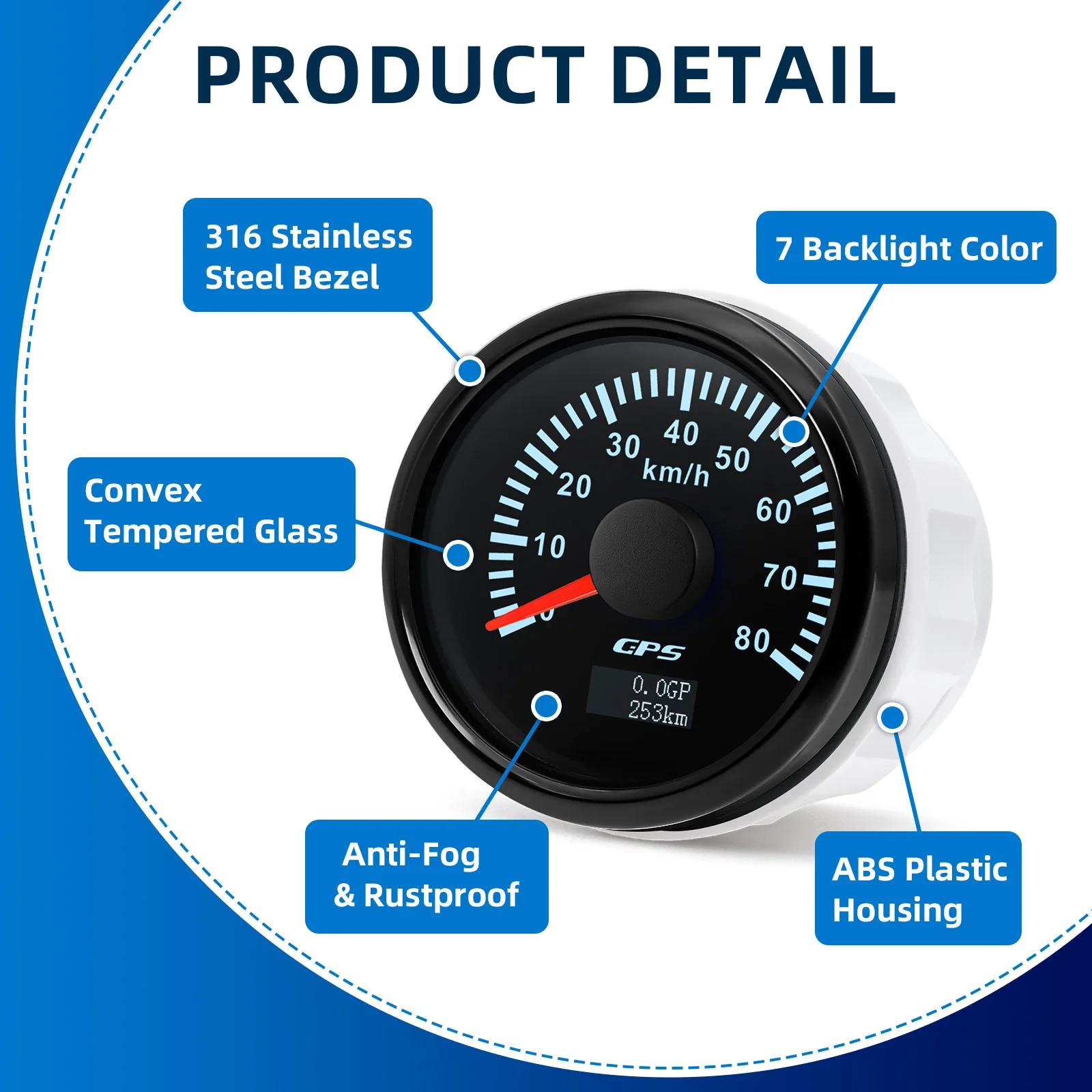 52MM GPS Speedometer 30kmh~200kmh Gauge+Antenna 7 Color Backlight 12V 24V Universal for Vehicles Marine Boat Motorcycle Yacht