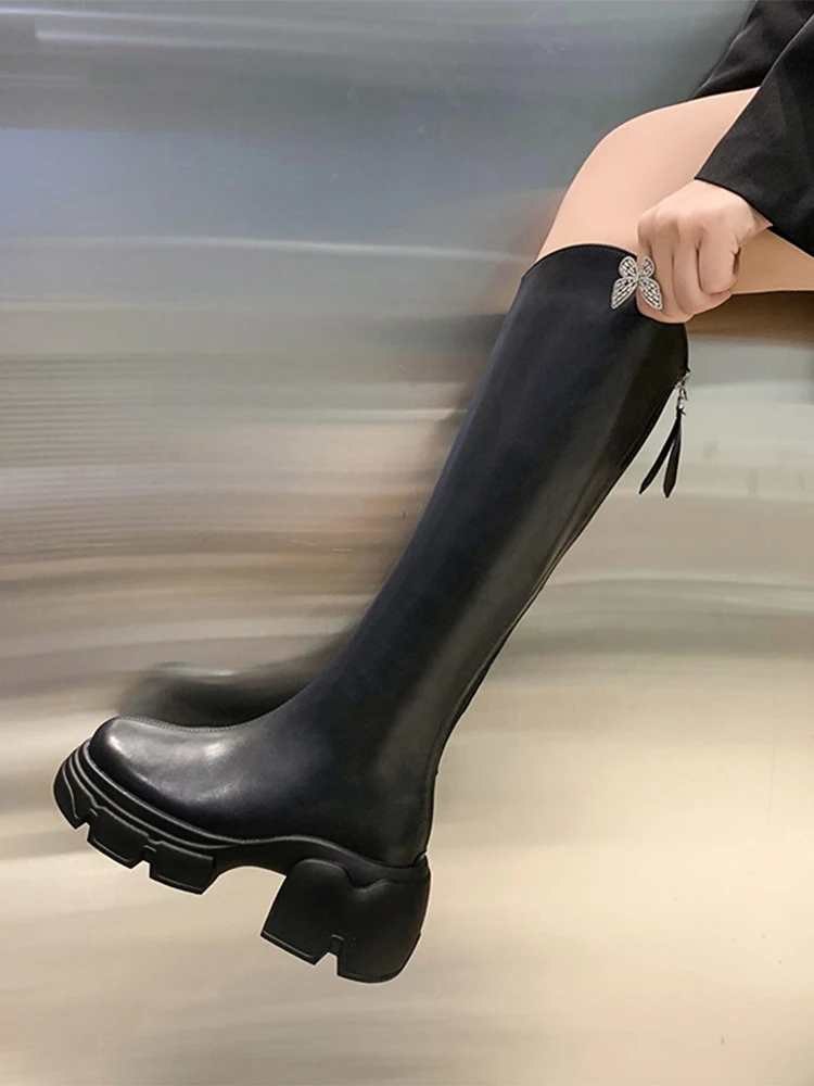 

Shoes Women Boots High Heels Boots-Women Round Toe Zipper Stiletto Ladies 2023 Over-the-Knee Black Rubber Autumn Rome Basic Soli