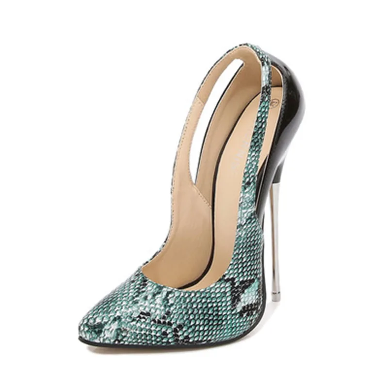 Nightclub metal and snake pattern color combination of high heels with pointed toes high heels and large size shoes