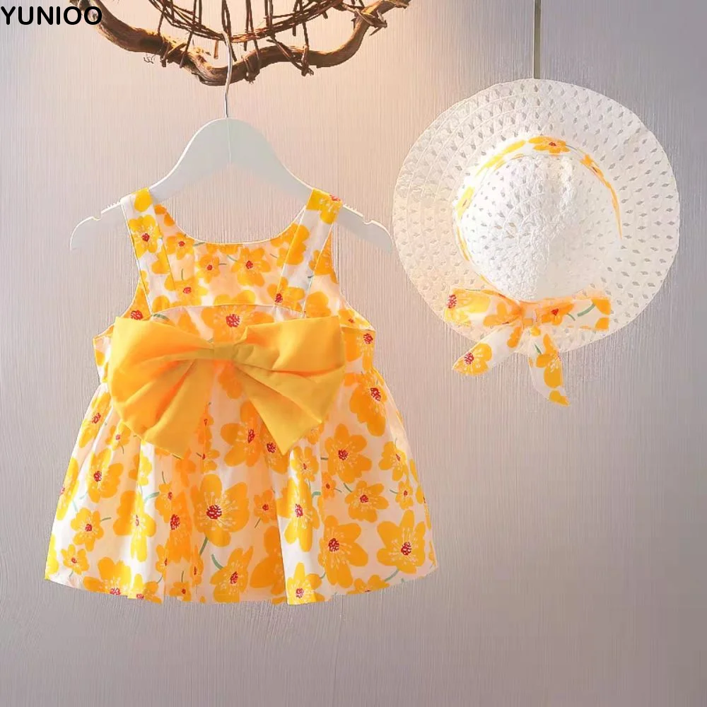 

Elegant Bowknot Baby Girl Princess Dress Summer Cotton Floral Dress with Hat Sweet Loose Kids Flower Dress Birthday Gift