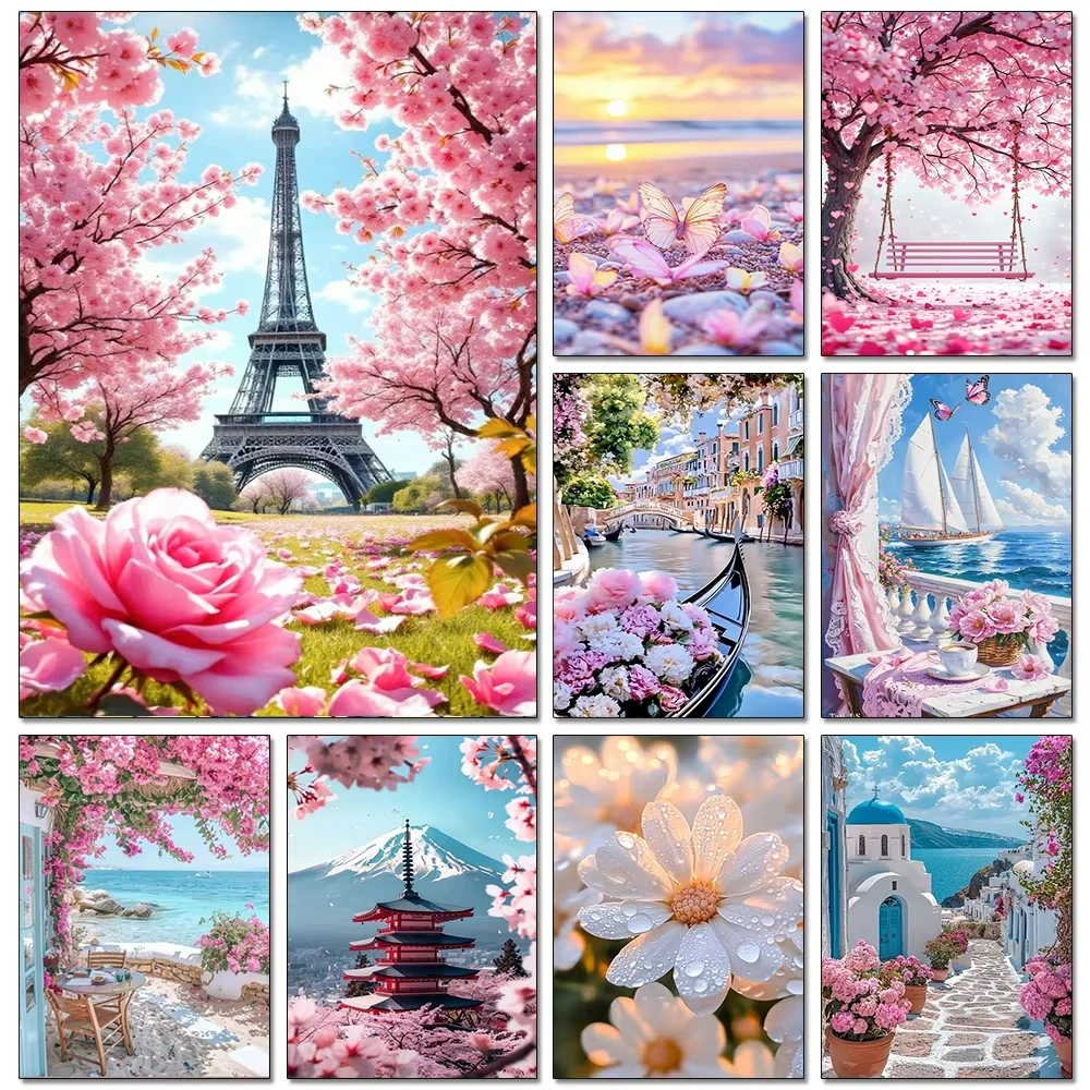Europäische Architektur 5D DIY Diamant-Malerei-Set Naturlandschaft Voll-Diamant-Mosaik Kreuzstich-Set Raumdekoration Geschenk