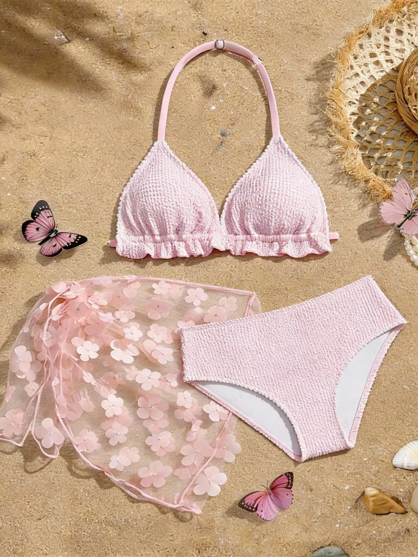 Girls Ribbed Bikini 3 Piece Set Kids Swimwear Halter Swimsuit with Skirt Cover Up Beach Dress New Beachwear Bathing Suit