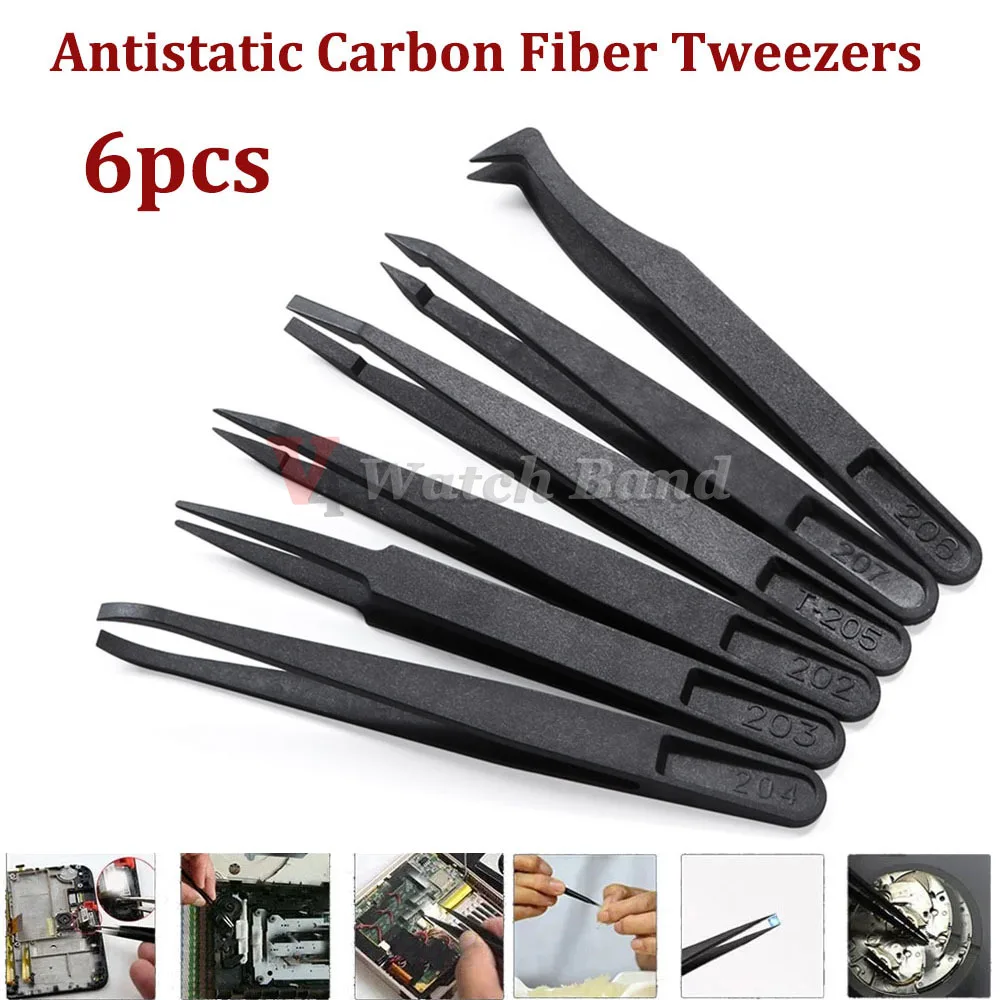 6pcs Watch Repair Tools Antistatic Carbon Fiber Tweezers Plastic Tweezers for Watchmaker Black Trimmer Tweezers Fiber Tool