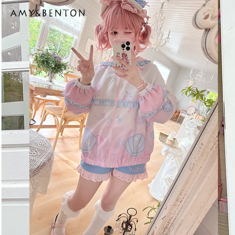 

Оригинальный дизайн, японский градиент цвета, солнцезащитный крем, женское пальто, новый милый топ на бретельках с бантом в горошек, синие шорты, комплект женских шорт