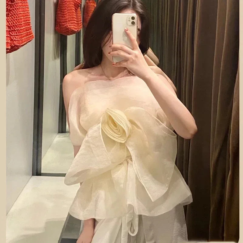 Runway Women Sweet Floral Strapless Organza Blouses Summer Elasticity Sexy Off Shoulder Sleeveless Vest Mesh Shirt Short Tops