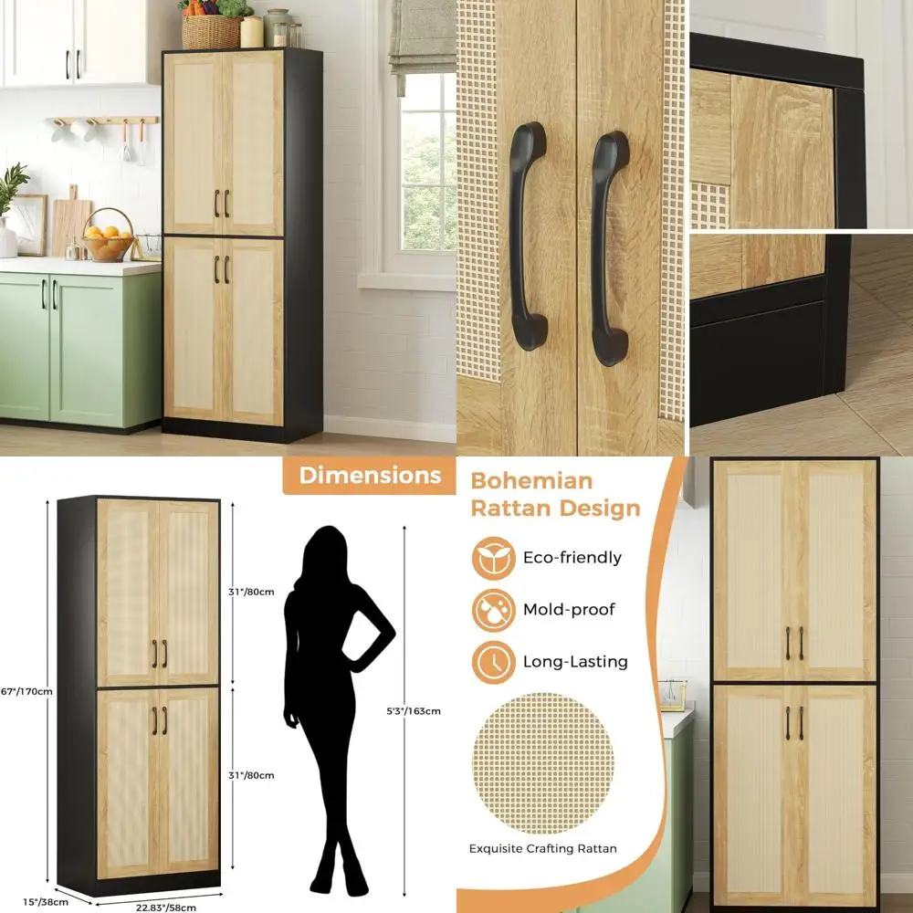 

67 Tall Rattan Storage Cabinet with Doors and Adjustable Shelves, Wooden Linen Pantry Cupboard for Compact Spaces