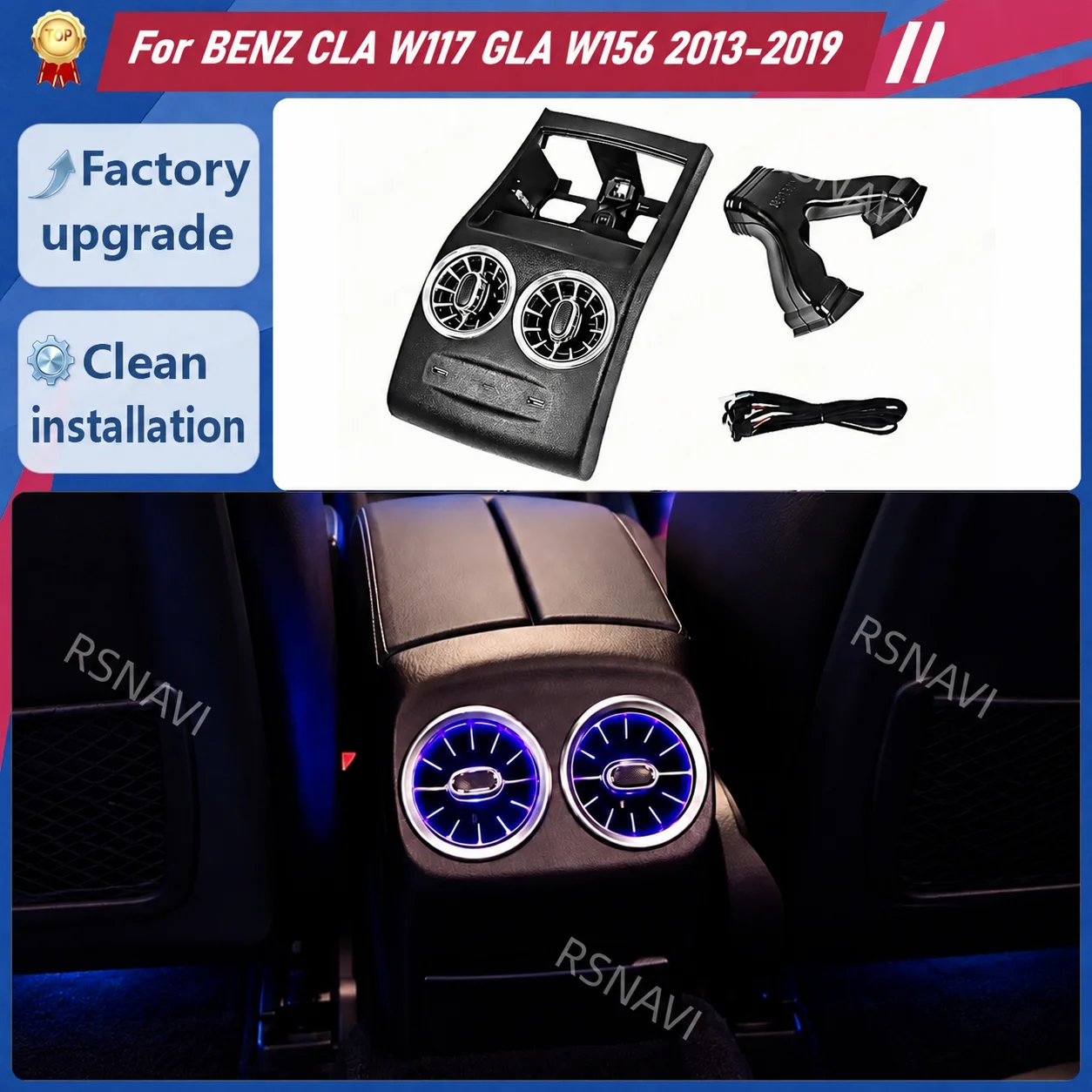 Rear Turbine A/C Vents with LED Ambient Lighting for Mercedes-Benz CLA W117 GLA W156 2013-2019 Center Console Cabin Retrofit Kit